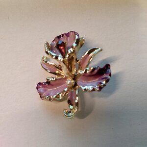 Vintage Iris Violet Enamel Goldtone Rhinestone and Faux Pearl Brooch